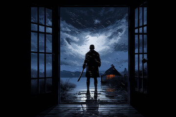 Mysterious Silhouette with Axe in Rainy Doorway - obrazy, fototapety, plakaty