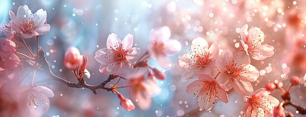 Cherry blossoms in radiant pink hue, illuminated by soft light glittering bokeh effect throughout