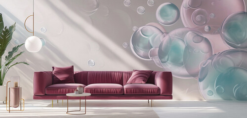 An airy, light-filled interior with a wall featuring a 3D pattern of translucent aqua bubbles on a pure white background,