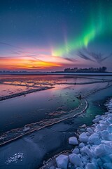 Aurora Borealis stretches above frozen river ice chunks against sunset