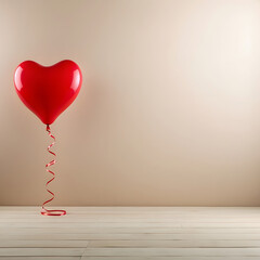 Red heart balloon on a beige wall. Valentines day background.