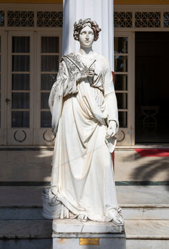 Marble statue of muse Thalia, the protector of comedy, in the Courtyard of the Muses, Achilleion Palace, Corfu, Greece