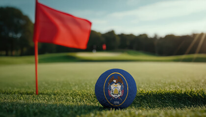 Golf ball with Utah flag on green lawn or field, most popular sport in the world