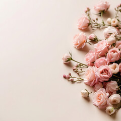 beautiful bouquet of pink roses on beige background, flat lay