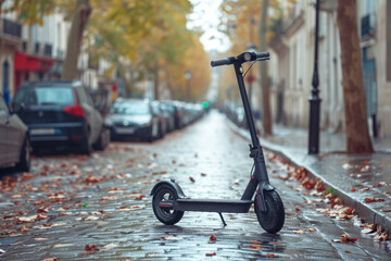 Estación de alquiler de patinetes eléctricos en la acera de la ciudad
