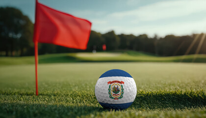 Golf ball with West Virginia flag on green lawn or field, most popular sport in the world