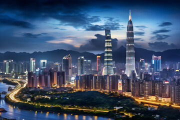Fototapeta na wymiar Stunning Twilight View of Guangzhou's Skyline - Blend of Historic and Modern Architectural Beauty 