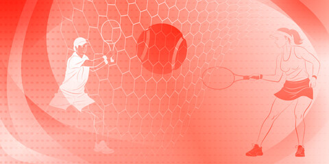 Tennis themed background in red tones with abstract lines curves and dots, with two tennis players, a man and a woman, swinging a rackets to hit the ball away