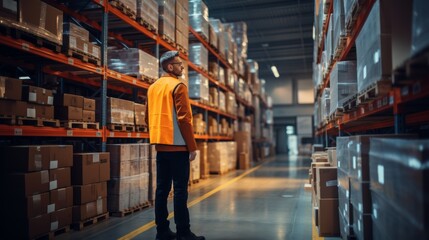 Man Standing in Warehouse Surrounded by Boxes - obrazy, fototapety, plakaty