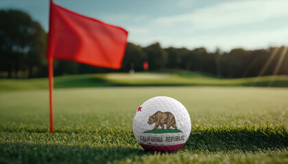 Golf ball with California flag on green lawn or field, most popular sport in the world