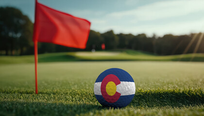 Golf ball with Colorado flag on green lawn or field, most popular sport in the world