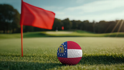 Golf ball with Georgia flag on green lawn or field, most popular sport in the world