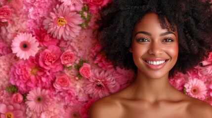 Radiant young woman with bright smile surrounded by pink flowers
