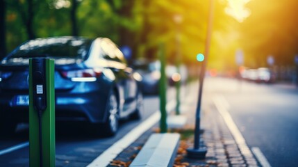 Fototapeta premium energizing sustainability: the electric green and eco-friendly car revolution, showcasing efficient battery charging and embracing eco-conscious driving for a greener and cleaner automotive future