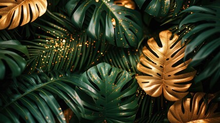 Obraz premium Lush tropical greenery with shimmering golden accents and soft bokeh lights create a magical and luxurious jungle ambiance..