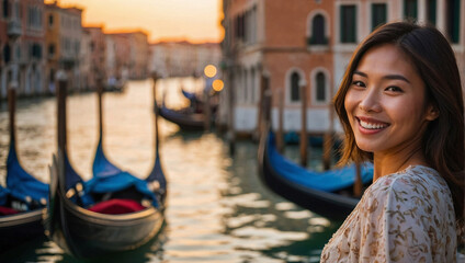 Fototapeta na wymiar Bella donna di origini asiatiche in vacanza in Italia a Venezia posa per una foto al tramonto vicino ad un canale