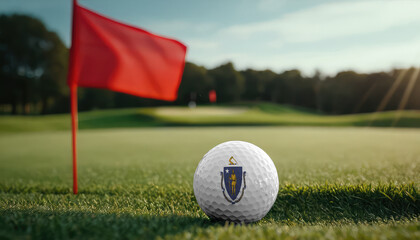 Golf ball with Massachusetts flag on green lawn or field, most popular sport in the world