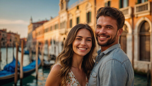 Bella coppia di fidanzati, marito e moglie in vacanza in Italia a Venezia posa per una foto al tramonto vicino ad un canale, luna di miele