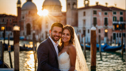 Naklejka premium Bella coppia di sposi in vacanza in Italia a Venezia posa per una foto al tramonto vicino ad un canale con gli abiti del matrimonio, luna di miele