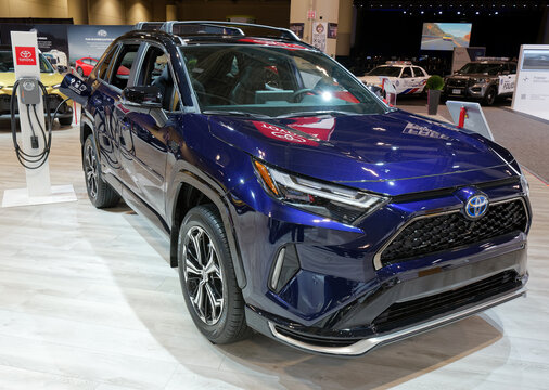 TORONTO-FEBRUARY 15, 2024: Toyota RAV4 Prime XSE AWD new SUV model for 2024 at the 2024 Canadian International Auto Show in Toronto