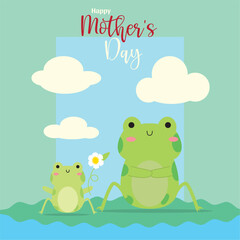 Cute frogs characters Happy mother day poster Vector
