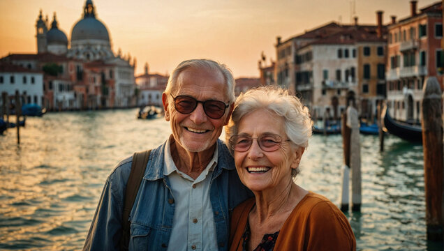 Bella coppia anziani, marito e moglie in vacanza in Italia a Venezia posa per una foto al tramonto vicino ad un canale