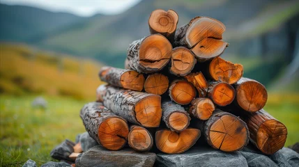 Gordijnen Stacked firewood pile against scenic nature backdrop © OKAN