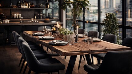 Wooden Table Surrounded by Black Chairs in a Room
