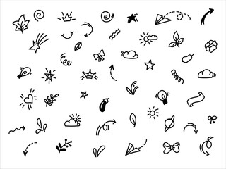 Hand drawn doodle design elements, black on white background. Doodle heart, arrow, star, sparkle decoration symbol set icon. symbols, cute decorative brush stroke lines sketch pen design elements