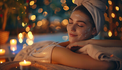 Caucasian woman enjoying relaxing anti-stress spa massage and pampering with beauty skin recreation leisure in candle lighting ambient salon spa at luxury resort or hotel