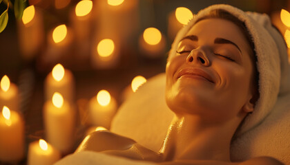 Caucasian woman enjoying relaxing anti-stress spa massage and pampering with beauty skin recreation leisure in candle lighting ambient salon spa at luxury resort or hotel