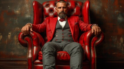 Confident bearded man in elegant red suit seated in leather chair