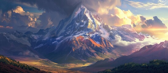 A painting showcasing a majestic mountain range with billowing clouds in the sky.