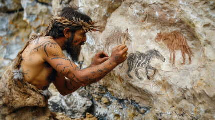 Neanderthal man drawing animals on rock wall, bearded caveman and primitive art, scene of...