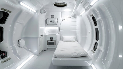 White room with single bed in spaceship, interior design of starship or space station. Small compartment for crew or passengers in futuristic spacecraft. Concept of technology, future - Powered by Adobe