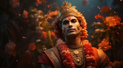 Statue of Hindu God Surrounded by Flowers - obrazy, fototapety, plakaty