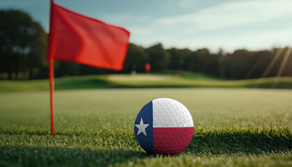 Golf ball with Texas flag on green lawn or field, most popular sport in the world