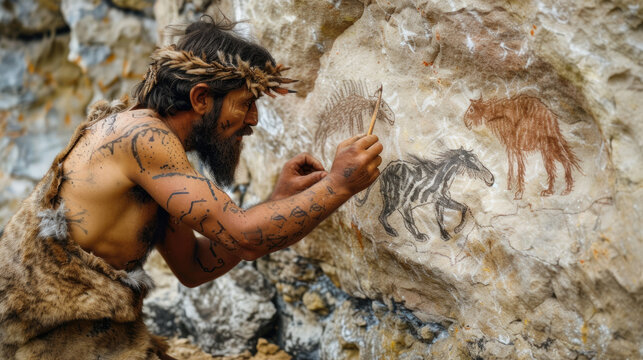 Neanderthal man drawing animals on rock wall, bearded caveman and primitive art, scene of prehistoric era. Concept of cave, ancient people, creative, painting, Stone Age