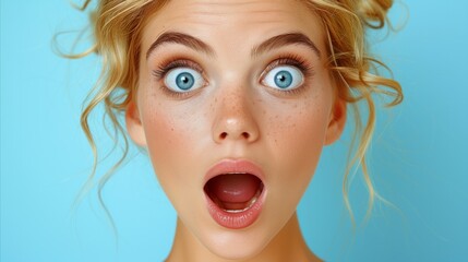 Surprised young woman with blue eyes and blonde hair on blue background