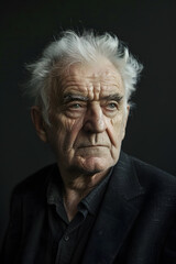 Portrait of an older man in a black suit with gray hair staring off into the distance, dramatic portrait, black background