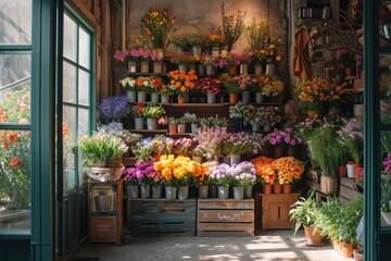 A quaint florist shop filled with fresh blooms in pastel planters, surrounded by an array of hanging plants and potted greenery on rustic shelves.. - obrazy, fototapety, plakaty