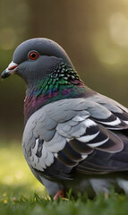 Fototapeta premium A lone pigeon, strolling across the forest lawn.