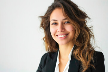 Portrait of smiling business woman on white background.