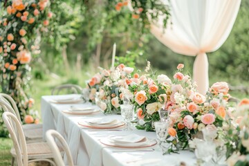 A whimsical outdoor wedding reception table adorned with a pastel floral garland, elegant drapery, and soft candlelight..