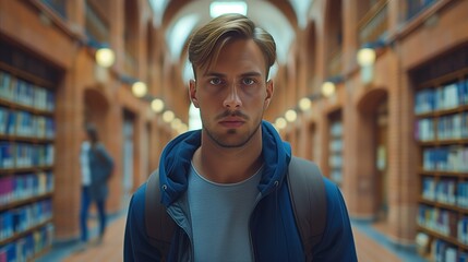 Serious young man with backpack in library hallway, focused and confident