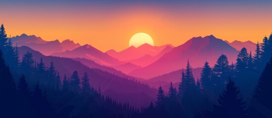 Majestic sunset in the serene mountains with lush trees and rugged peaks