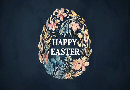 HAPPY EASTER an easter egg designed with flowers and leaves with watercolor background Generative AI