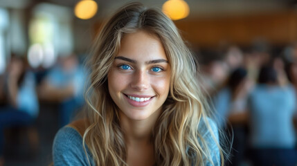 blue-eyed smiling student in a university auditorium, woman, girl, education, college, listener at a lecture, learning, knowledge, portrait, faculty, master, bachelor
