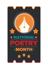National Poetry Month in April. Poster with handwritten lettering. Poetry Festival in the United States and Canada. Literary events and celebration. Greeting card, invitation, banner or background