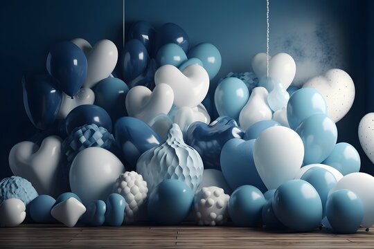 Heart-shaped collection of balloons in shades of blue and white. 3D rendered , .highly detailed,   cinematic shot   photo taken by sony   incredibly detailed, sharpen details   highly realistic   prof